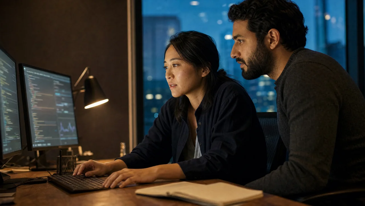 Two engineers investigating an issue together at a technical workstation.
