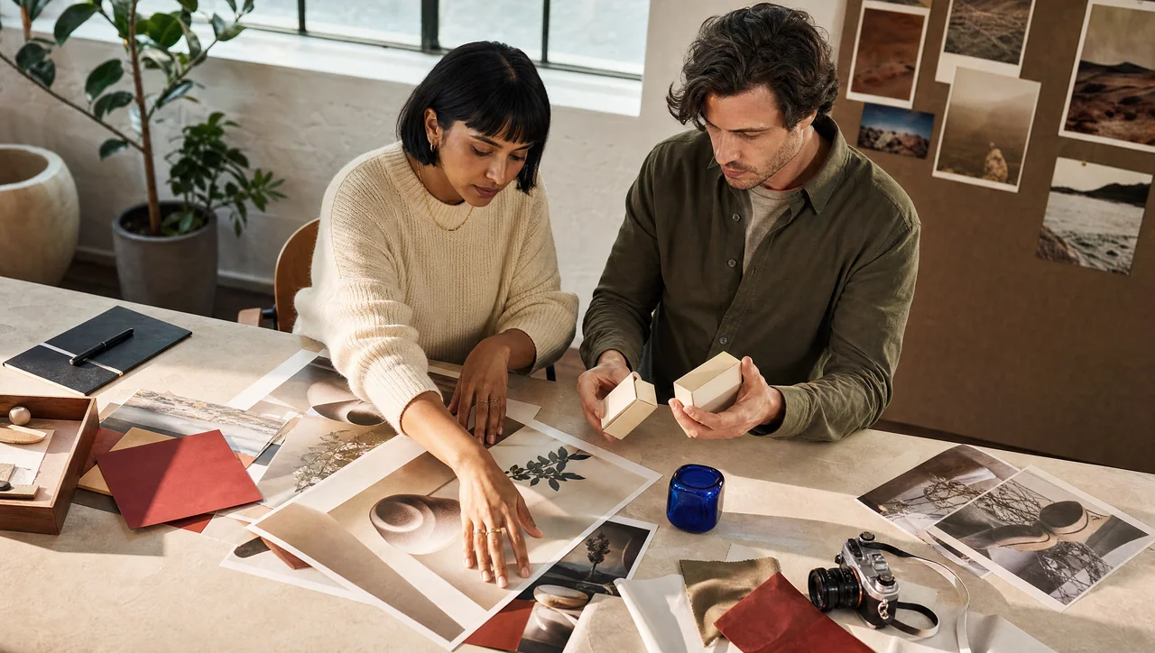 A marketing team reviewing campaign photographs and creative materials in a studio.