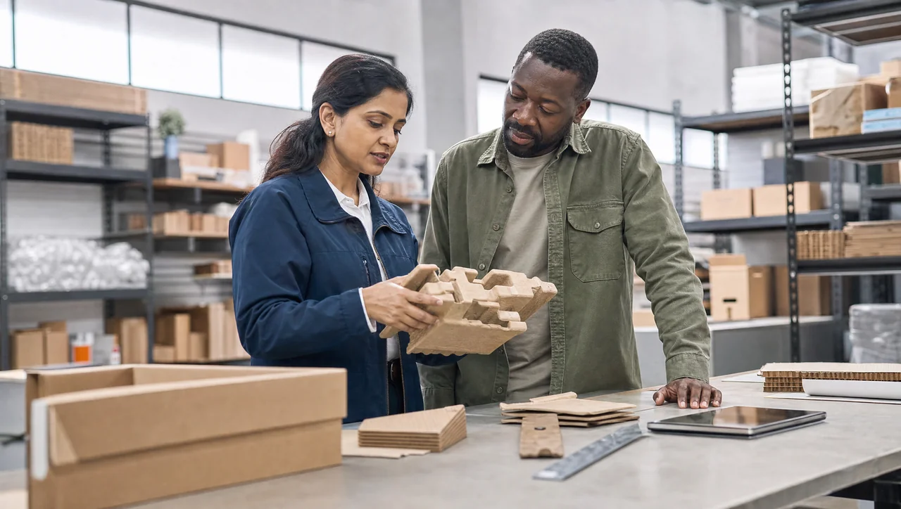 Procurement specialists inspecting material samples in an industrial workspace.