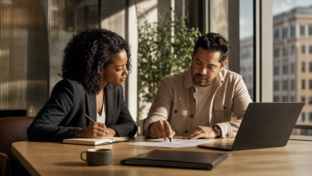 A sales team preparing for a client conversation in a sunlit meeting room.