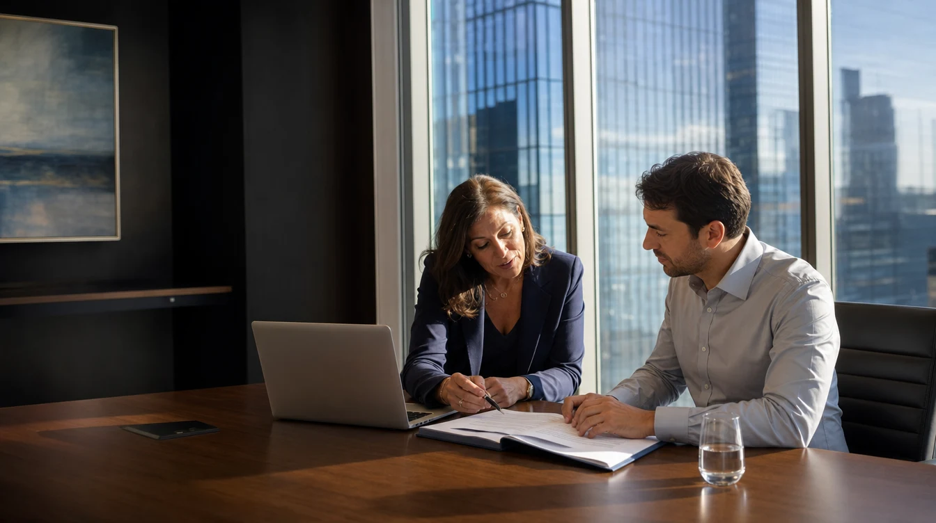 Two advisers review the details of an agreement in a sunlit office.