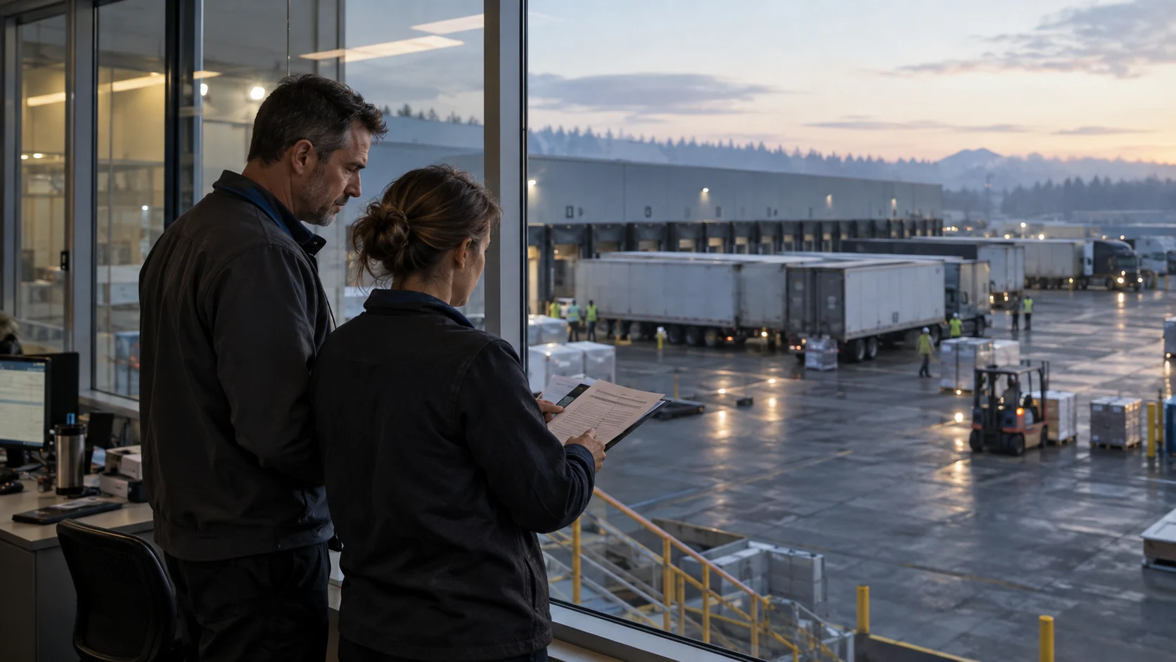 Two logistics colleagues review dispatch paperwork above an active loading yard.