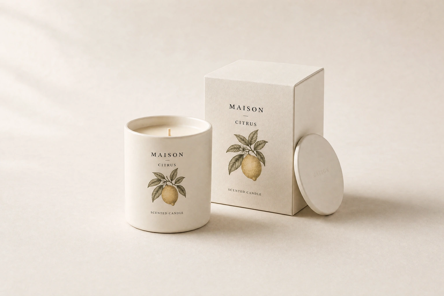 A Maison citrus candle and its gift box