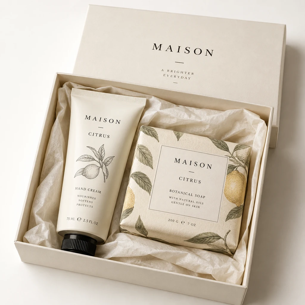 Citrus hand cream and hand soap in a gift box