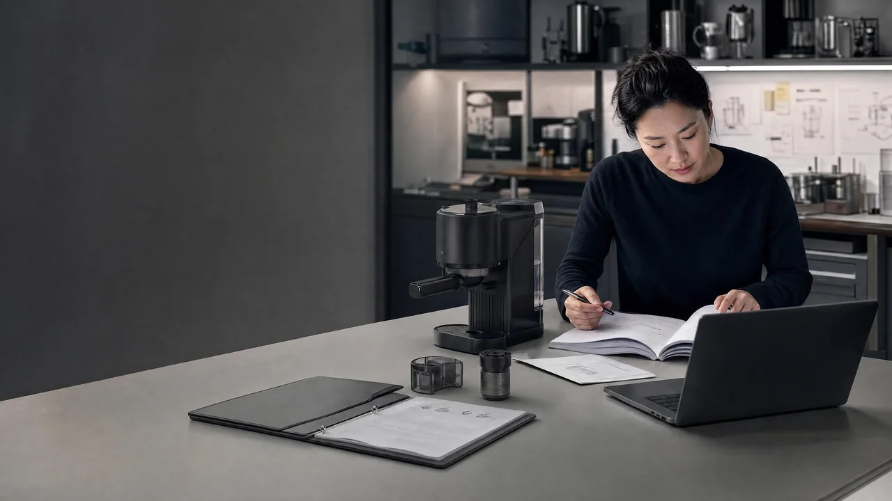 An appliance analyst compares coffee-machine components with a product manual in a research lab.