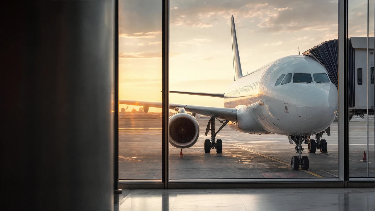Un avión al amanecer, una profesional de operaciones aéreas actualizando conexiones y pasajeros caminando hacia su puerta de embarque.