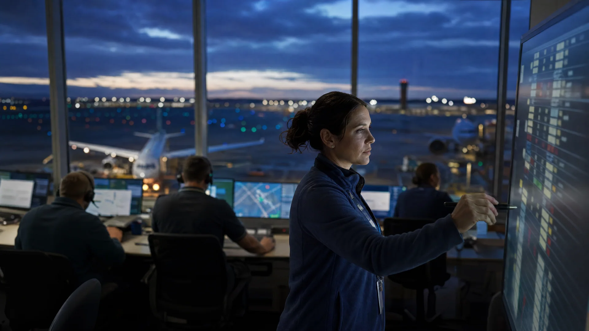 An airline operations coordinator reviews the turnaround board above the airport apron.