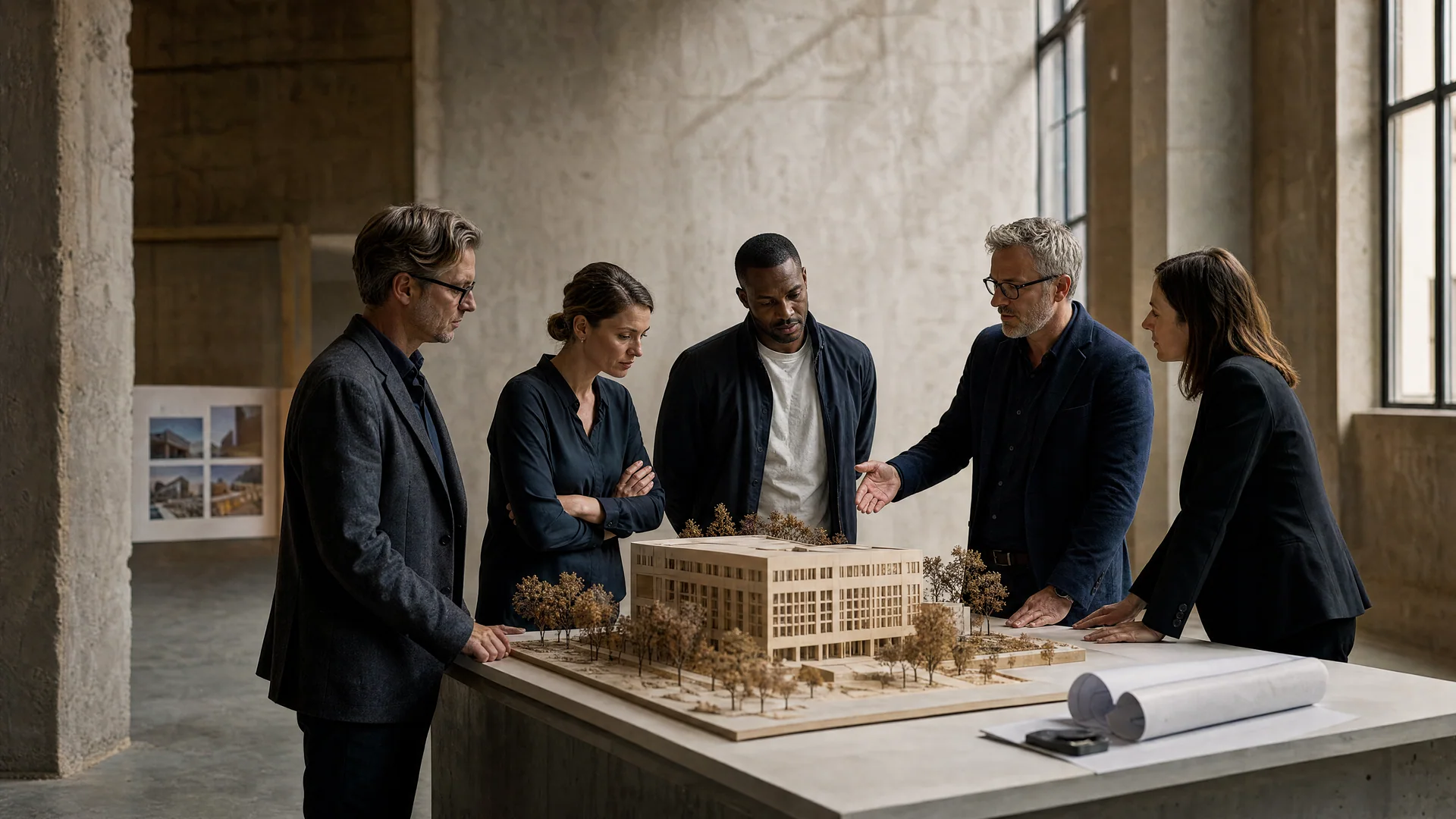A consulting team and client review an architectural project model together.