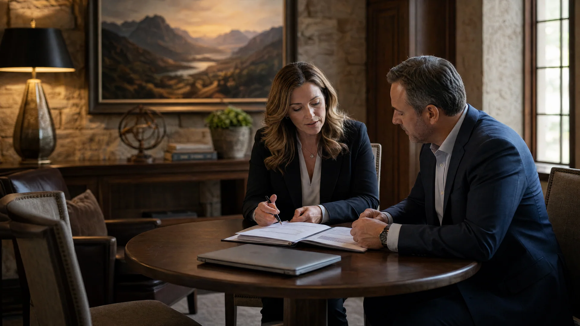Two financial advisers review an account folder before a client meeting.