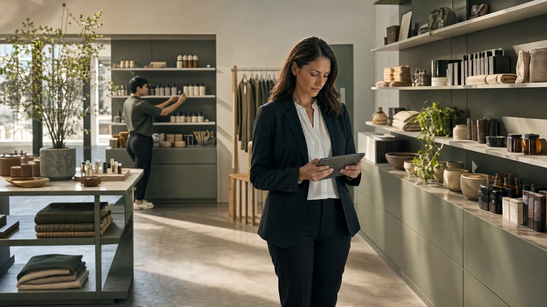 A store manager checks inventory while a colleague prepares the shelves for opening.