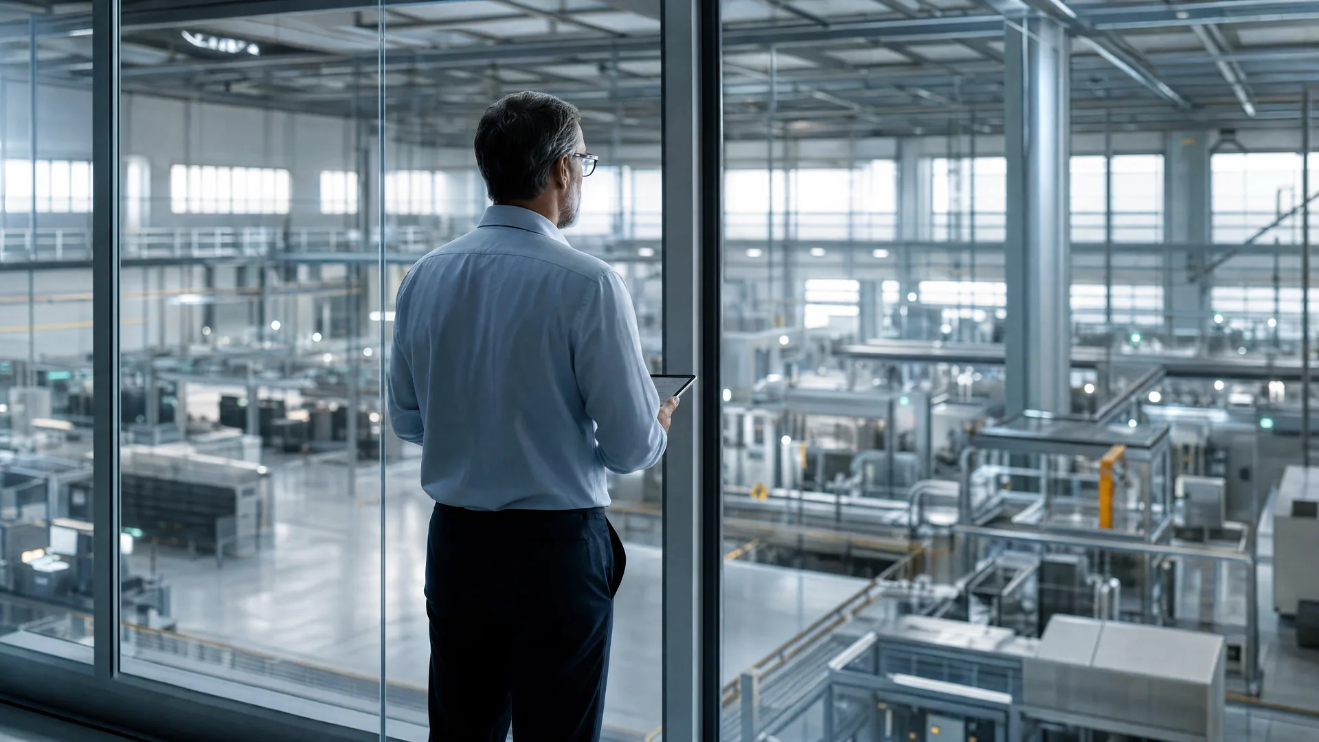 A manufacturing supervisor checks the production floor from a glazed walkway.