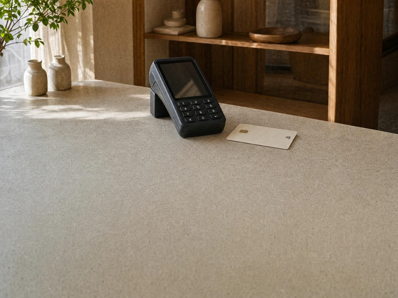 Cena ilustrativa de um terminal de pagamento e um cartão com chip sobre um balcão de pedra ao sol.