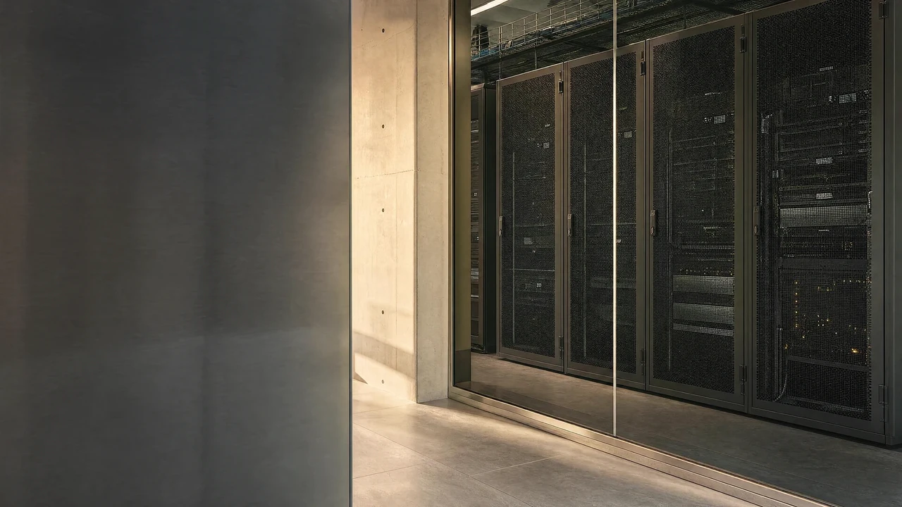 Warm afternoon light across active server racks.