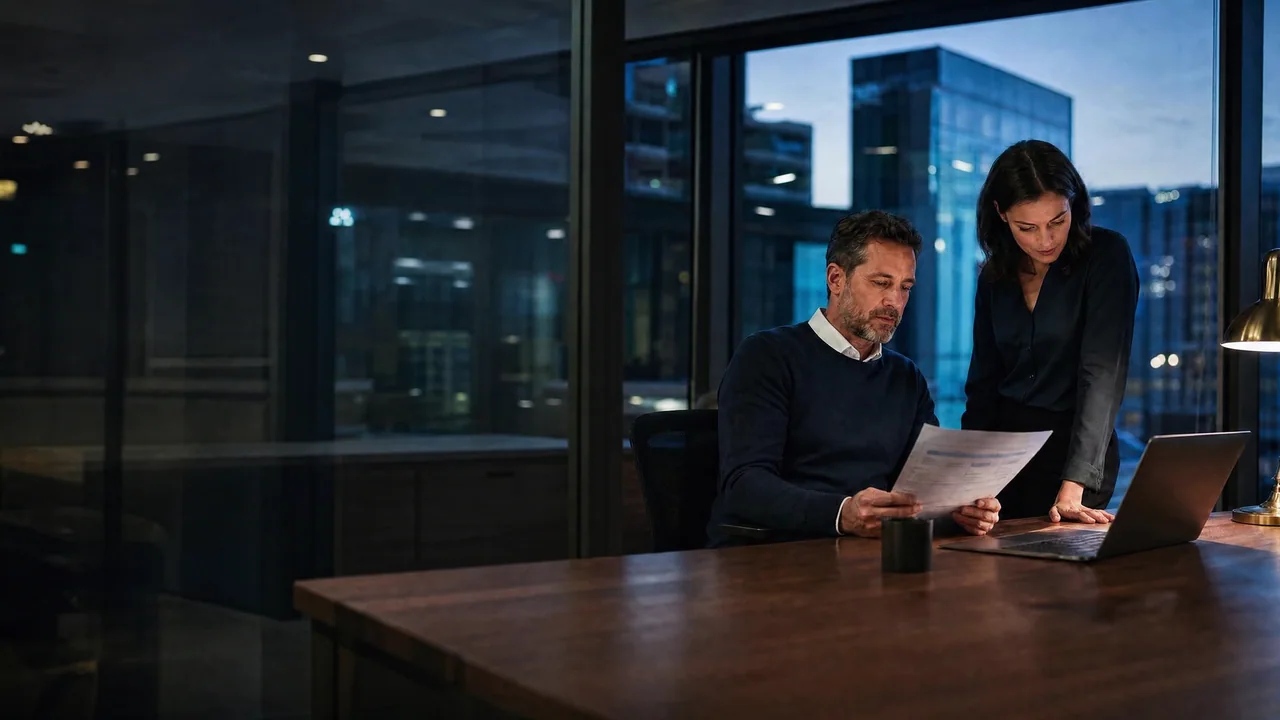 Two colleagues reviewing an account plan in a glass office at blue hour