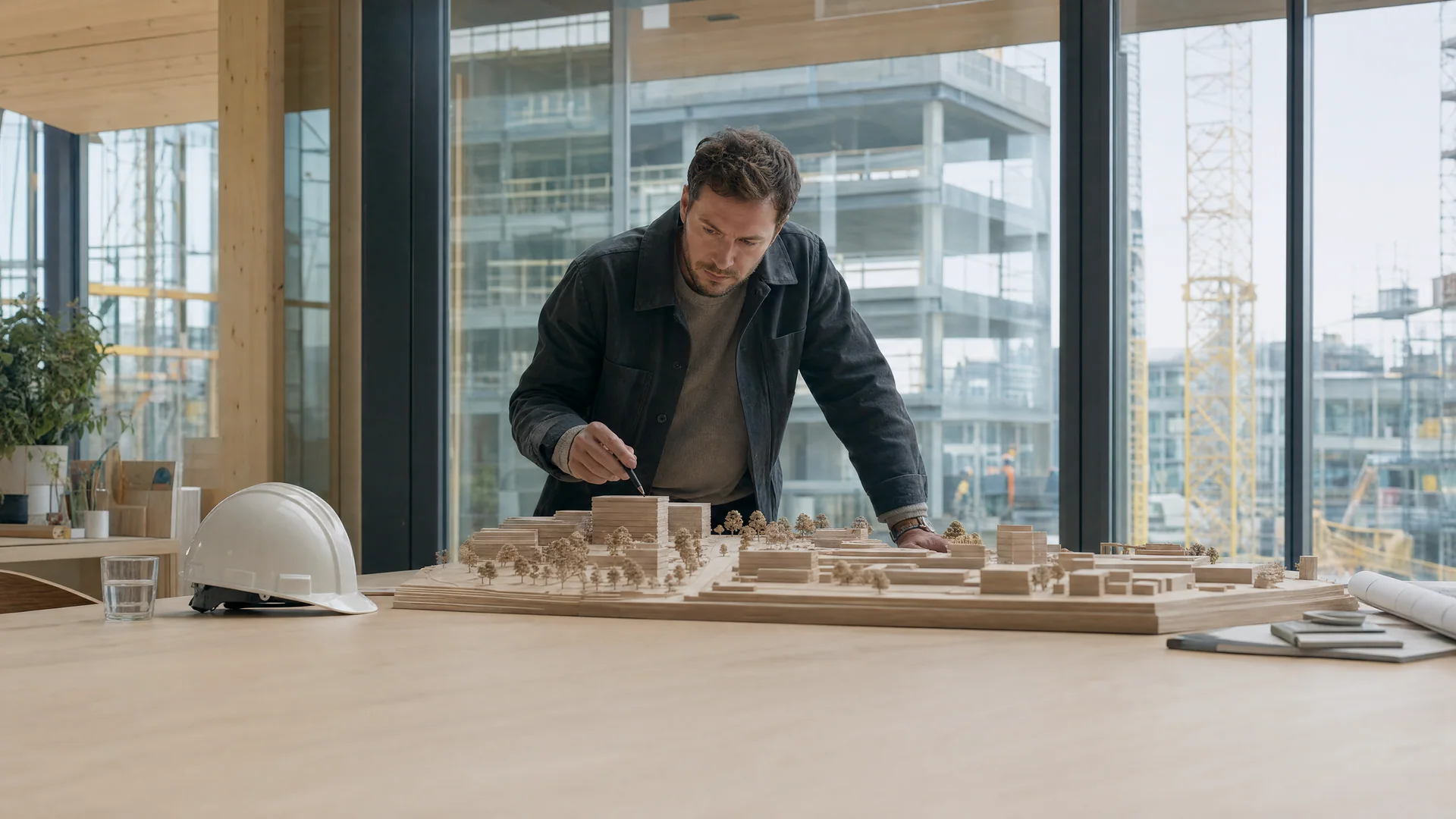 A project lead studies a site model with the real construction project behind him.