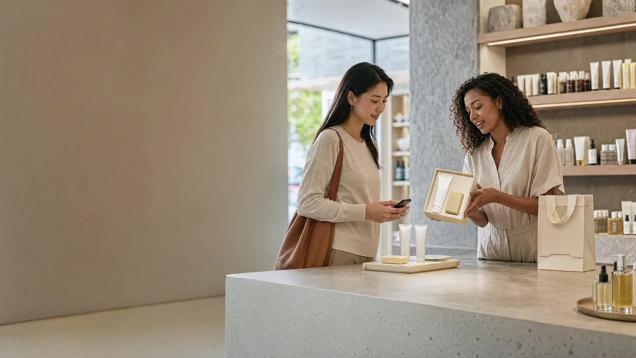 A skincare associate shows a hand-cream-and-soap gift set to a customer holding her phone.