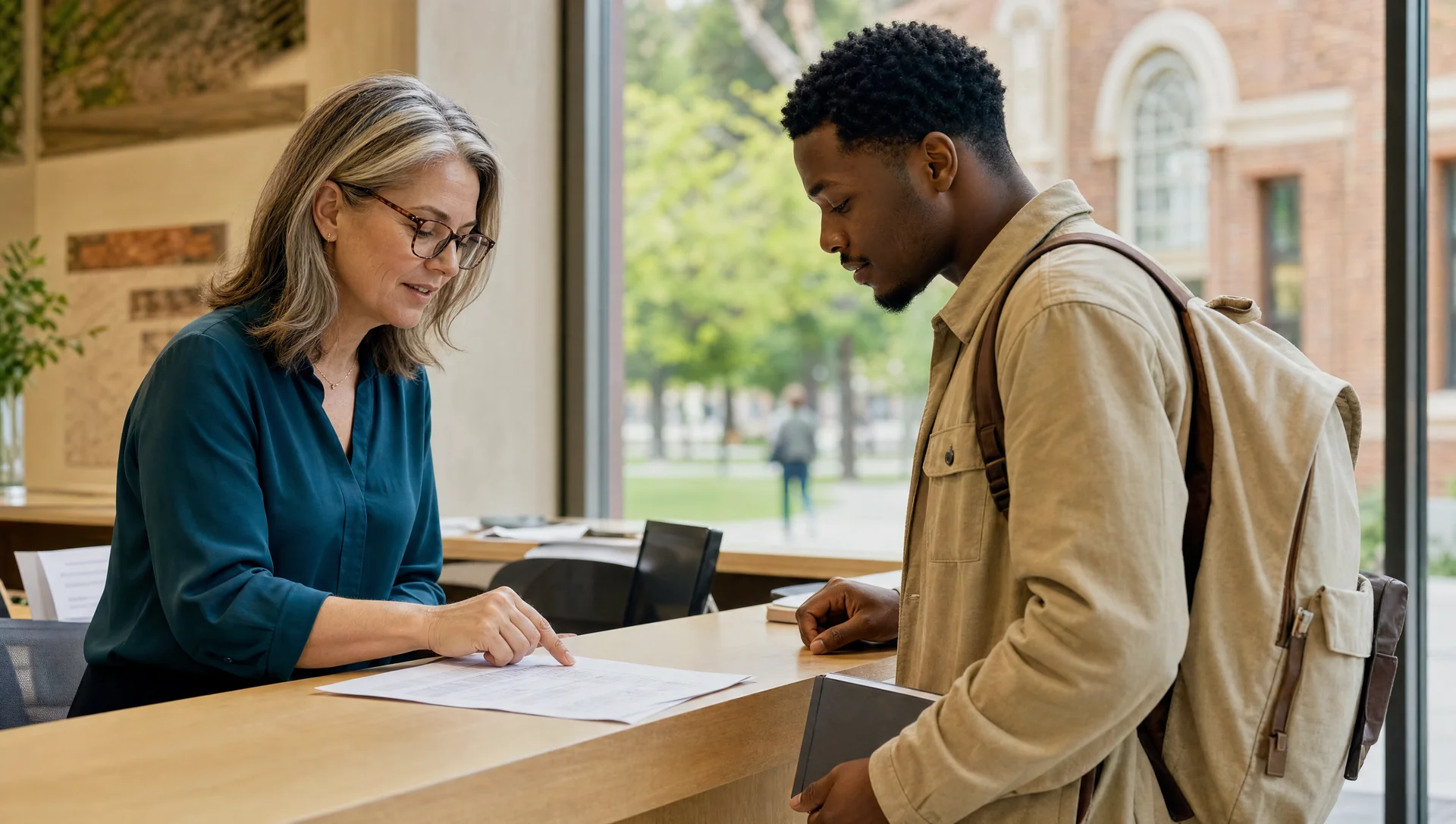 A university administrator helps an adult student review enrollment at a campus service counter.