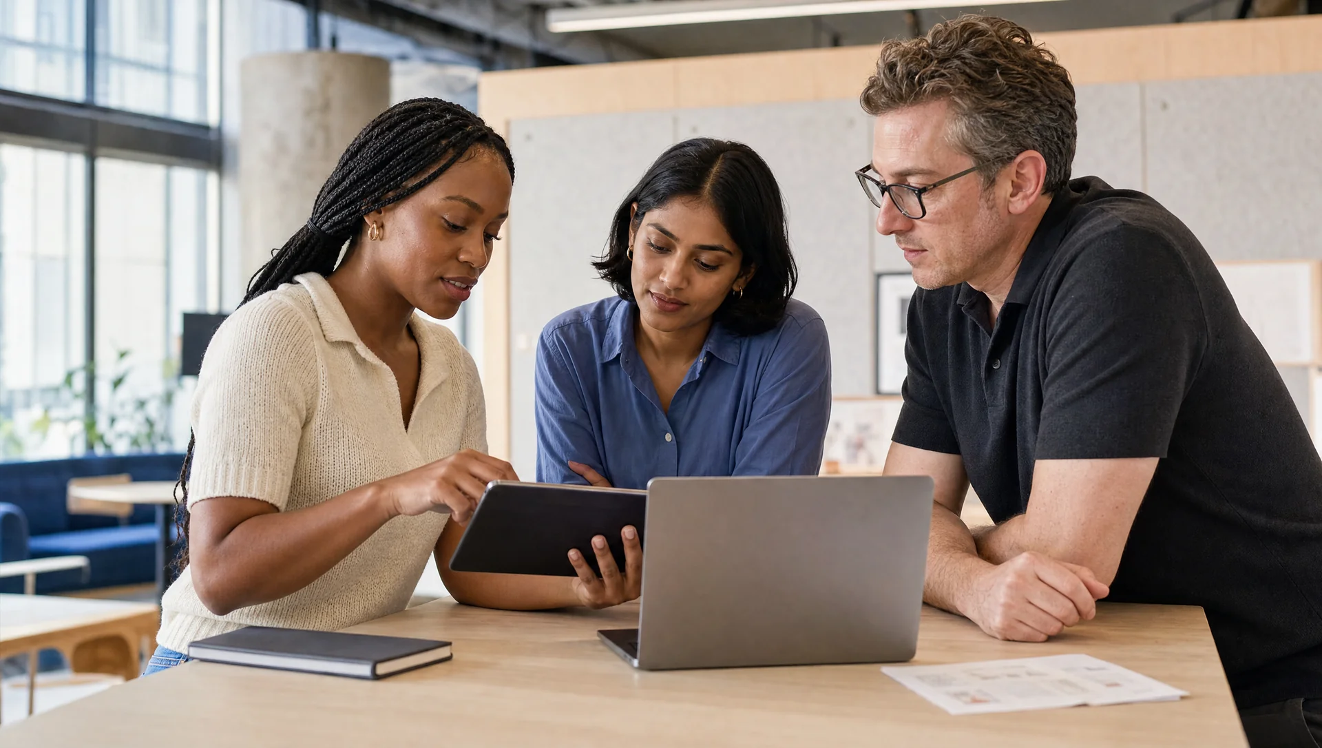 Three technology colleagues review a product together around a tablet.