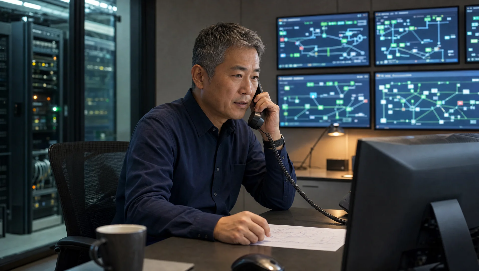 A network operations specialist coordinates a service incident by phone beside network displays.